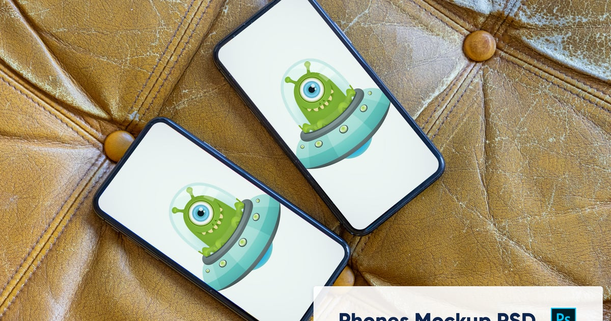 Two phones on leather background - mockup PSD（890978）-技能树
